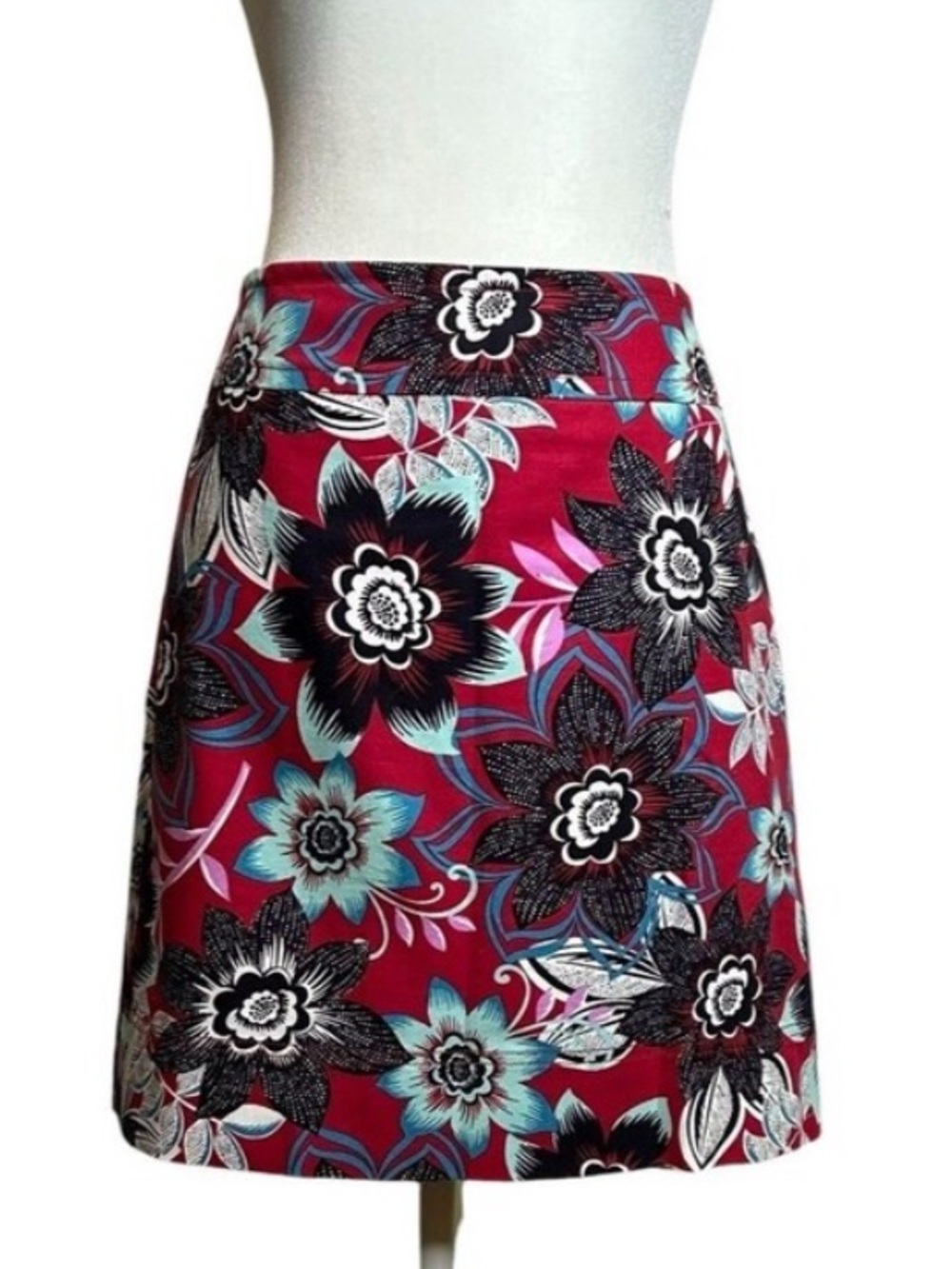Talbots A-Line Skirt Mini Size 8 Red Black Floral Career Preppy Artsy EUC